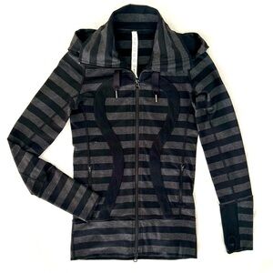 Lululemon, Women’s Stride hooded zip up size 2 heathered gray and black stripes